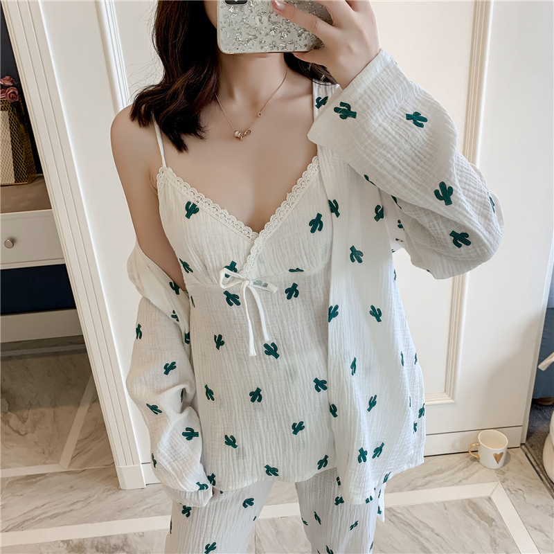 Sweet pajamas long sleeve nightgown 3pcs set