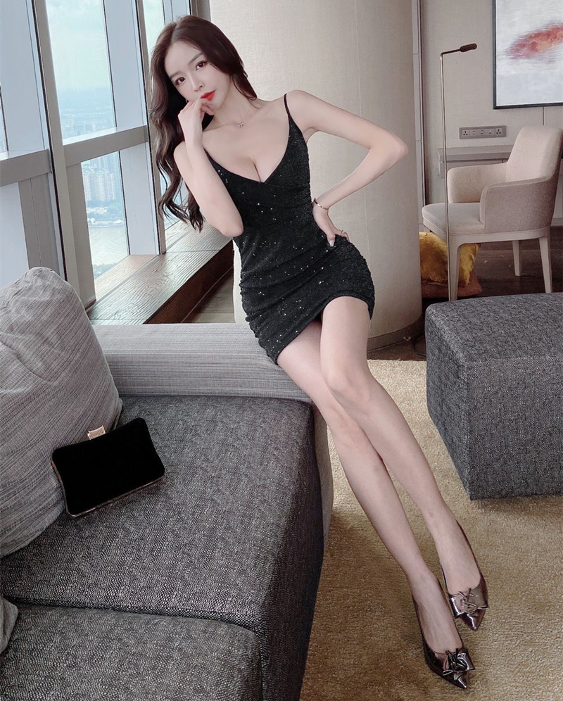 Sling low-cut sexy dress overalls fashion cheongsam for women