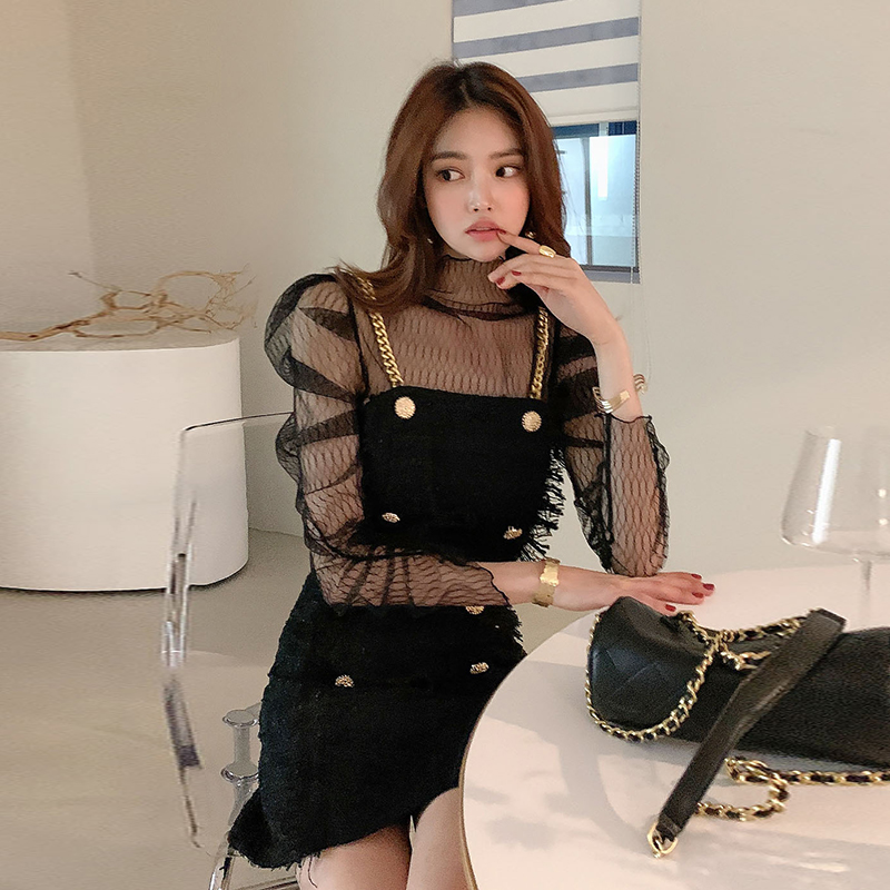 Chain double-breasted dress metal Korean style tops 2pcs set