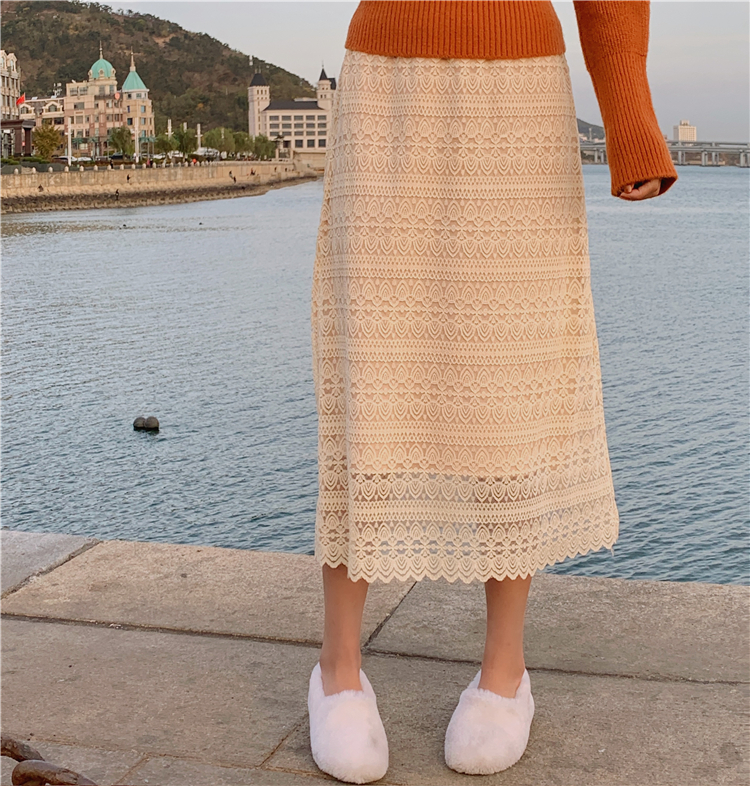 High waist lace knitted jacquard elastic wear skirt
