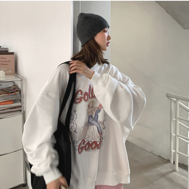 Long retro printing tops letters loose hoodie for women