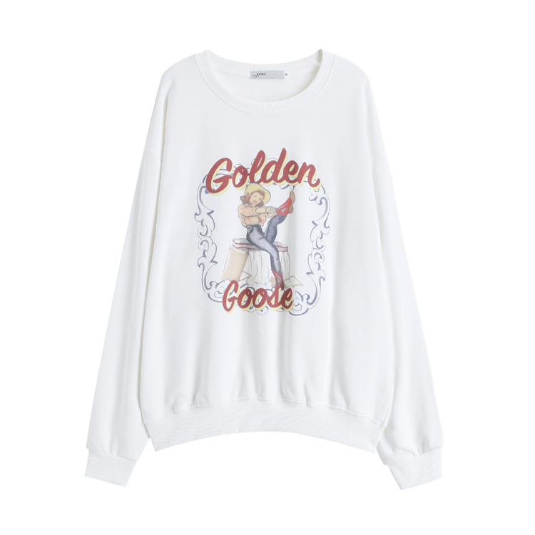Long retro printing tops letters loose hoodie for women