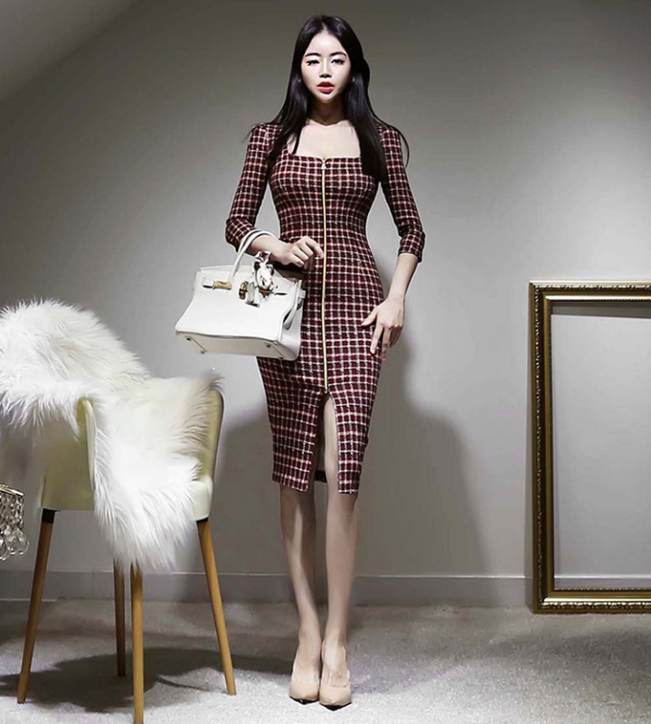 Zip long Korean style split package hip dress for women