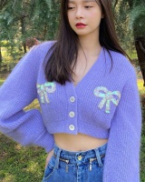 Bow loose short cardigan knitted navel V-neck sweater