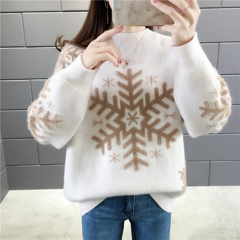 Flocking pullover snowflake round neck sweater