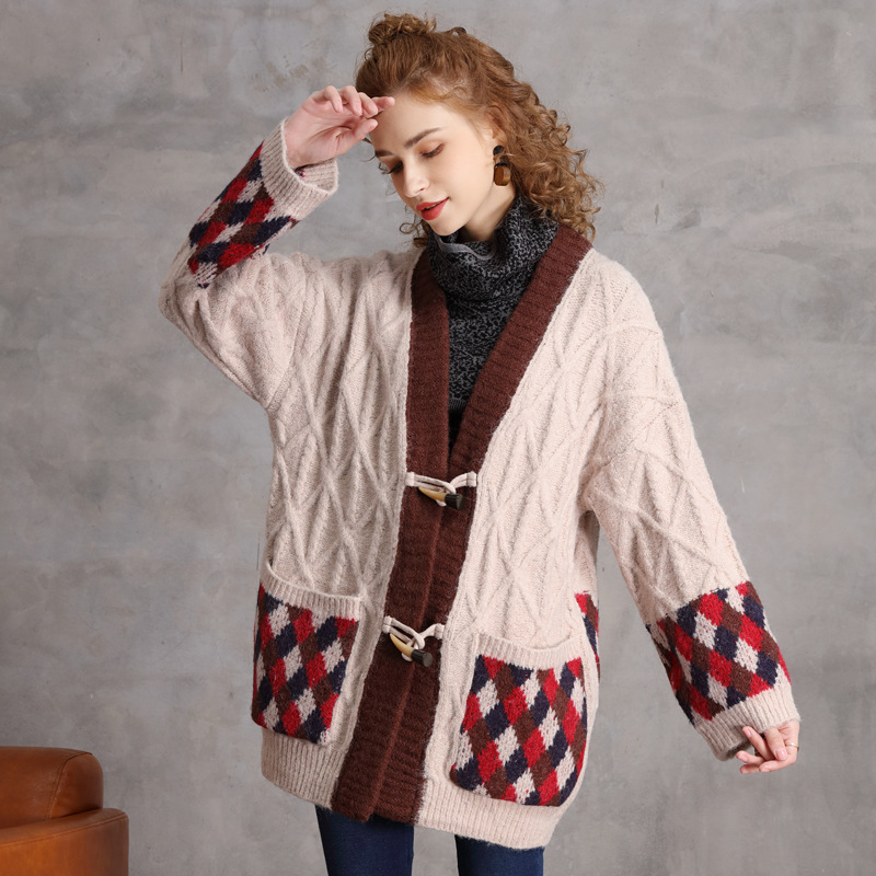 Lazy horn buckle coat loose sweater for women