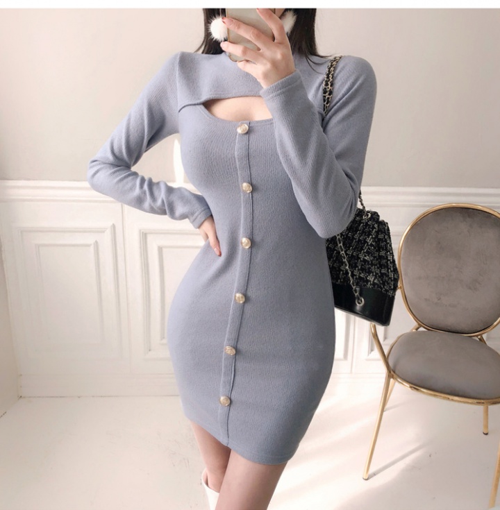 Single-breasted knitted package hip Korean style dress