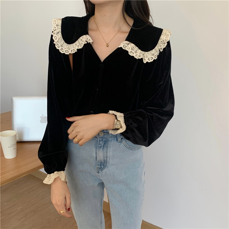 Bottoming V-neck all-match Korean style lace shirt