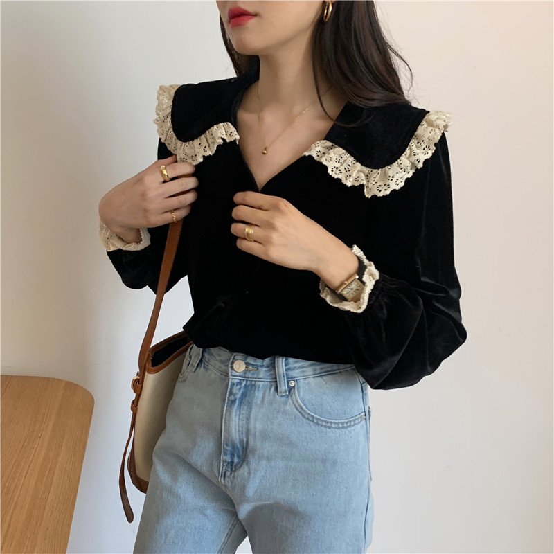 Bottoming V-neck all-match Korean style lace shirt