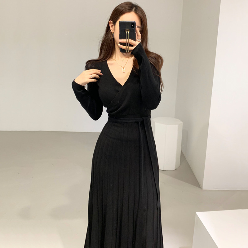 Bandage crimp high waist knitted exceed knee dress for women