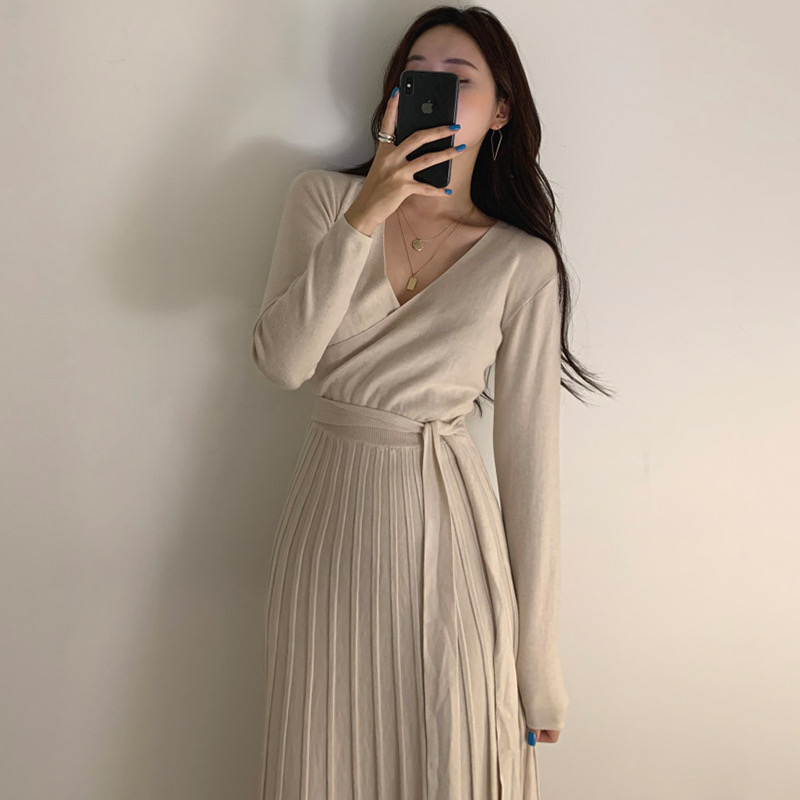 Bandage crimp high waist knitted exceed knee dress for women