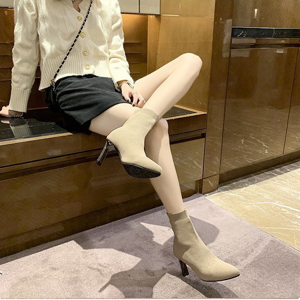 Pointed woolen yarn boots elasticity short boots for women
