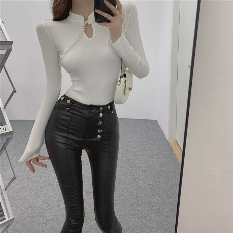 Feet retro breasted tops slim package hip leather pants a set