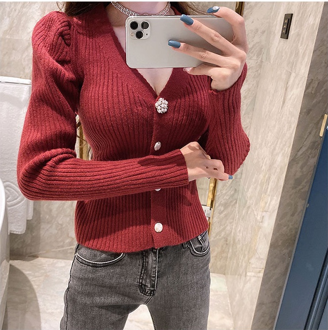 Puff sleeve knitted cardigan slim tops for women