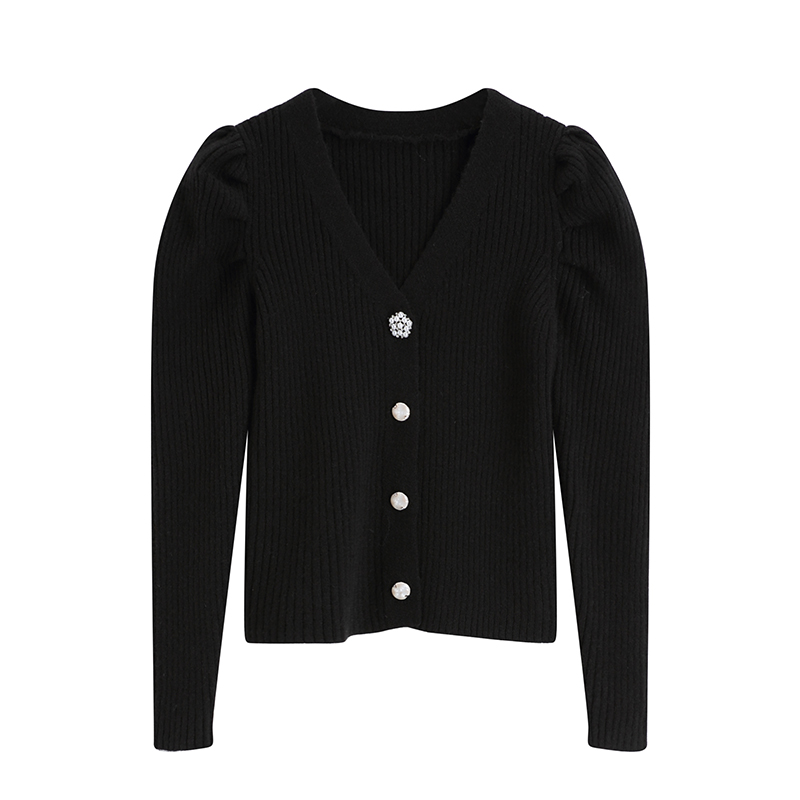 Puff sleeve knitted cardigan slim tops for women