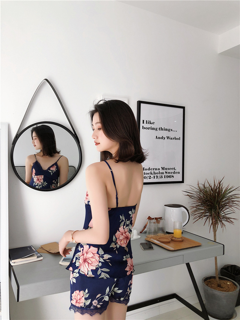 Silk summer pajamas printing shorts 2pcs set for women
