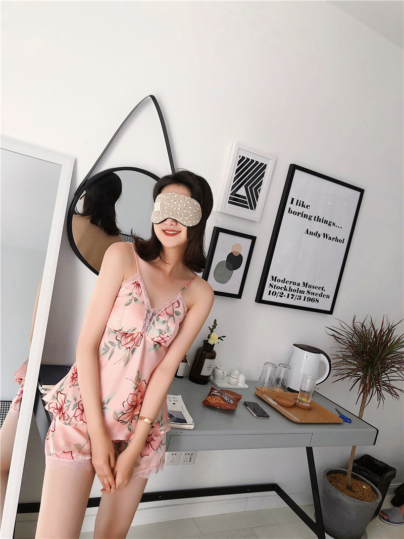 Silk summer pajamas printing shorts 2pcs set for women