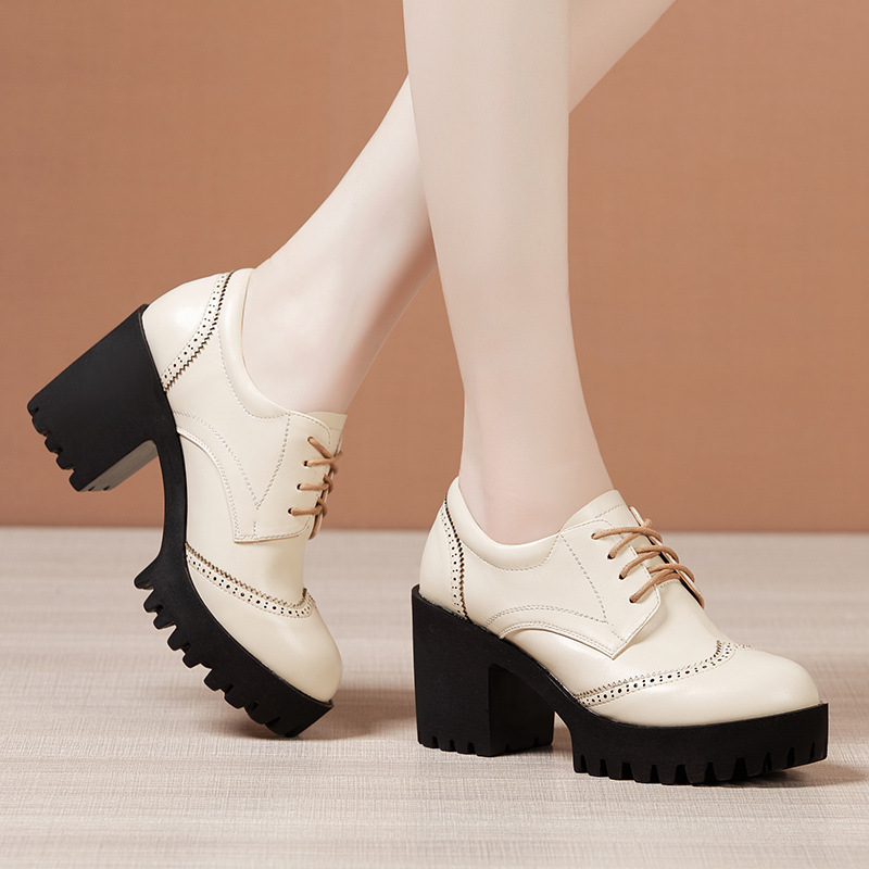 Thick crust leather shoes all-match platform for women
