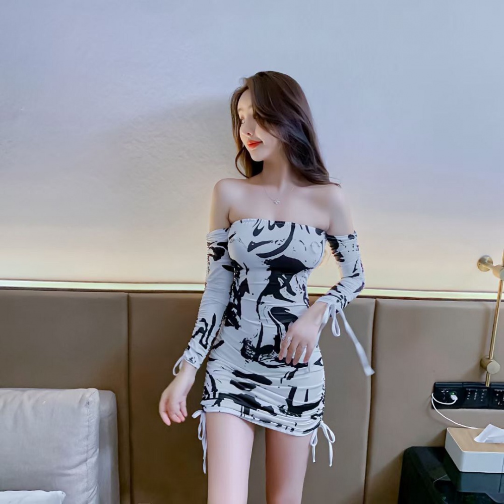 Flat shoulder slim ink wrapped chest sexy dress