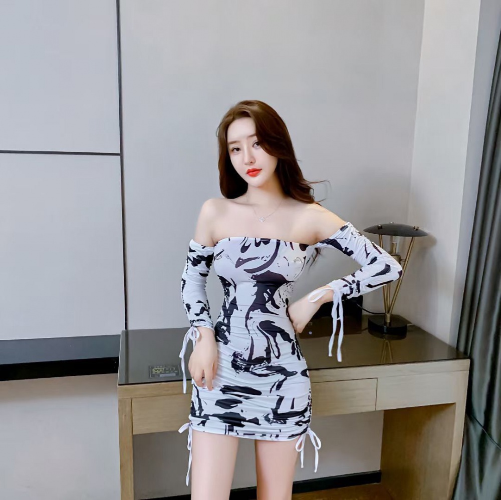 Flat shoulder slim ink wrapped chest sexy dress