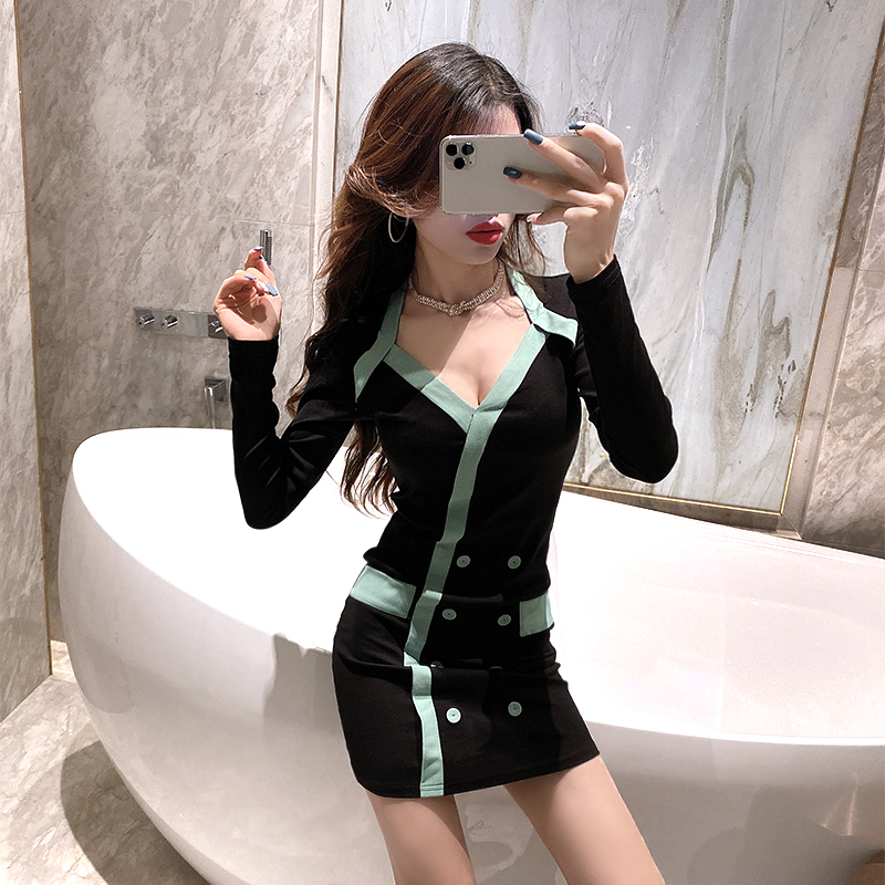 V-neck sexy package hip tight pinched waist dress for women