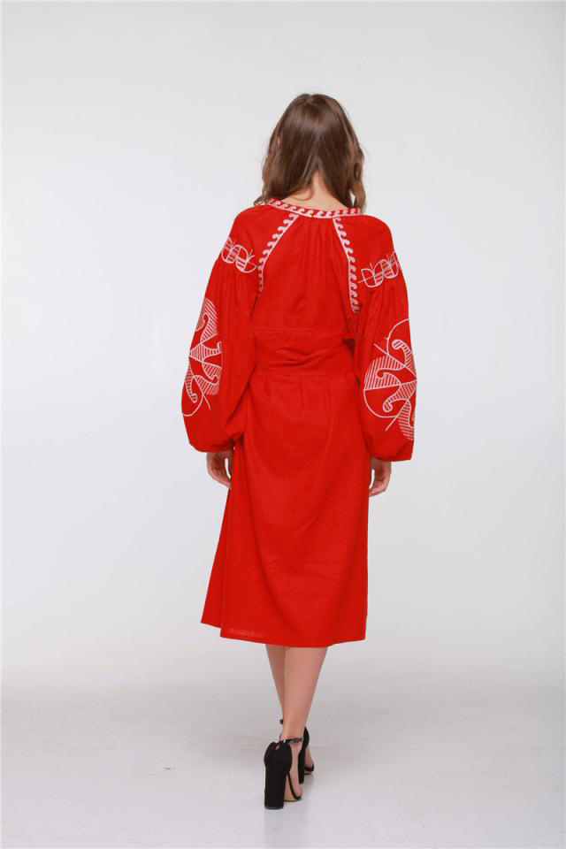 Lantern sleeve flax tassels embroidery dress