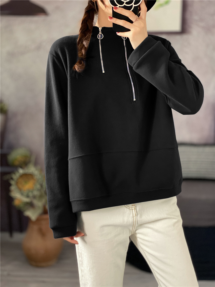 Double zip hoodie half high collar tops for women