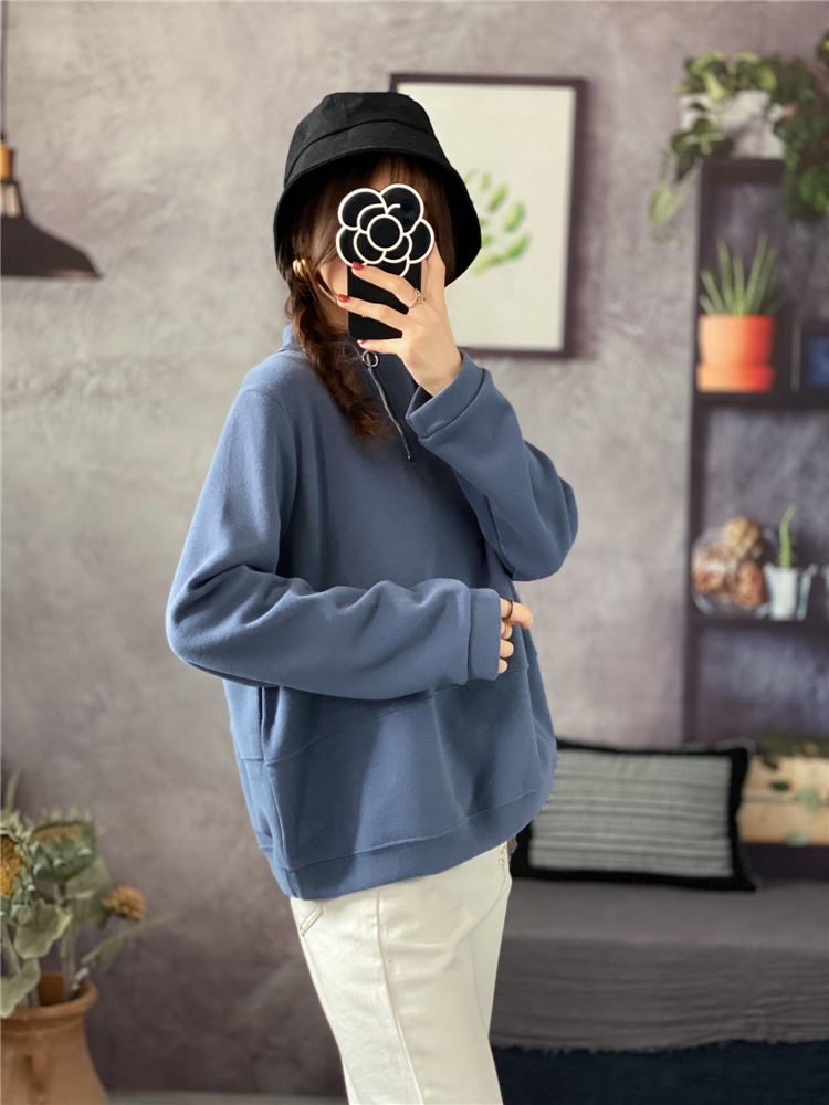 Double zip hoodie half high collar tops for women