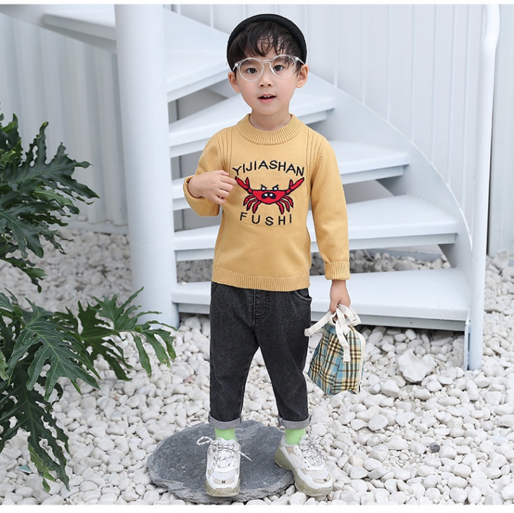 Denim wool boy shirts baby pullover sweater 2pcs set