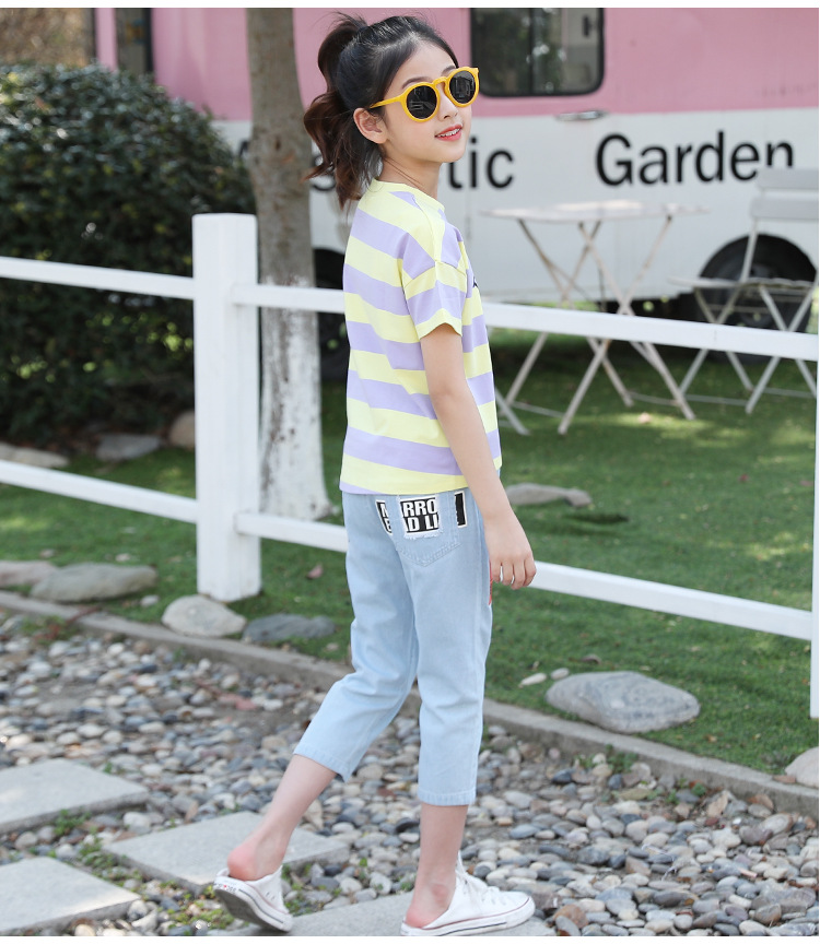 Child girl jeans summer Western style T-shirt 2pcs set