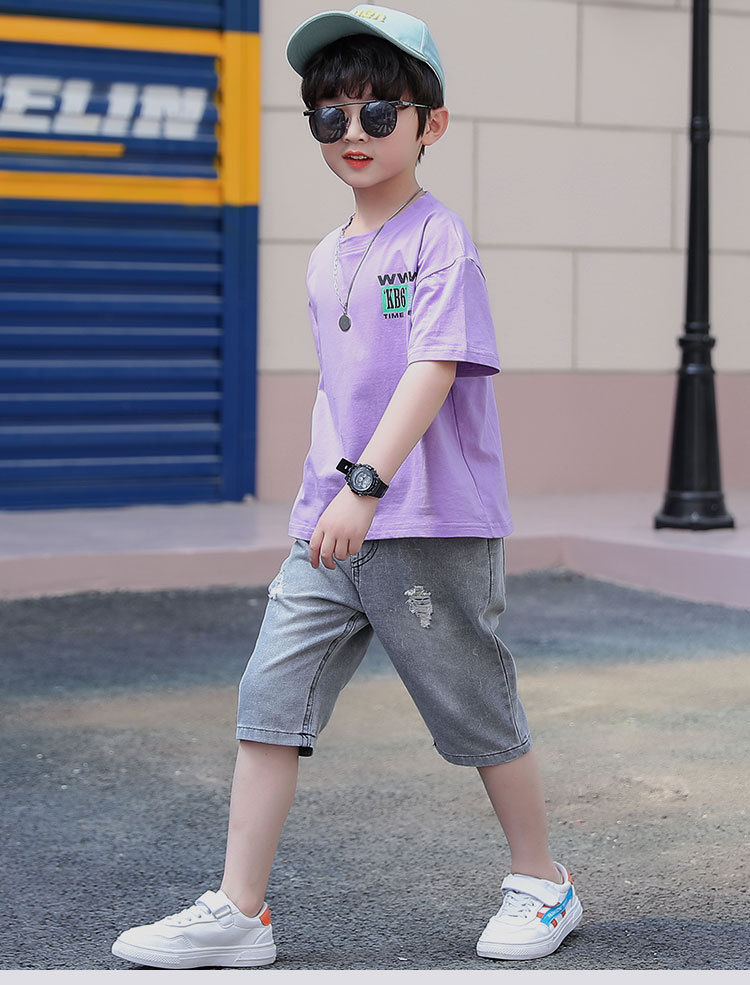 Child Western style T-shirt short sleeve jeans 2pcs set