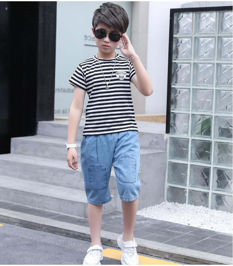 Child Western style big child jeans boy summer tops 2pcs set