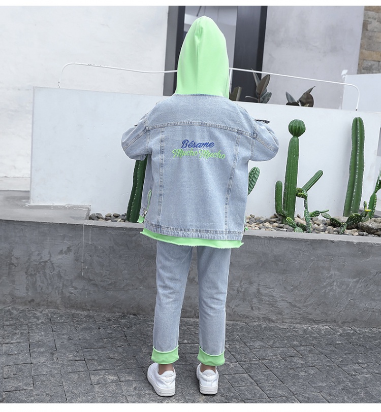 Girl Korean style hooded denim jacket 2pcs set