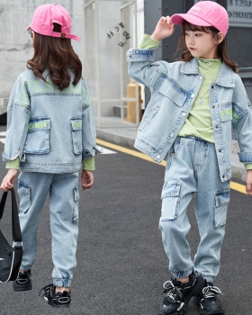 Korean style girl big child denim kids 2pcs set