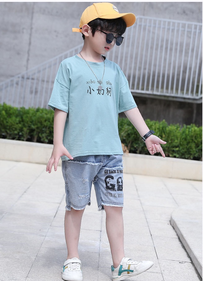 Summer boy loose tops child short sleeve short jeans 2pcs set