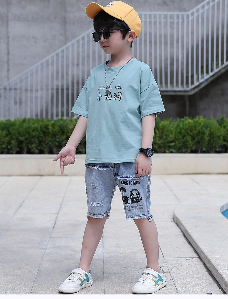 Summer boy loose tops child short sleeve short jeans 2pcs set