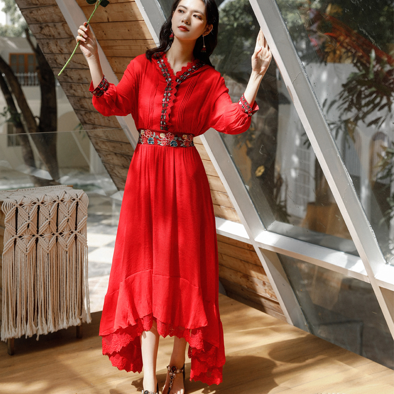 Embroidery embroidered skirt retro long skirt 2pcs set