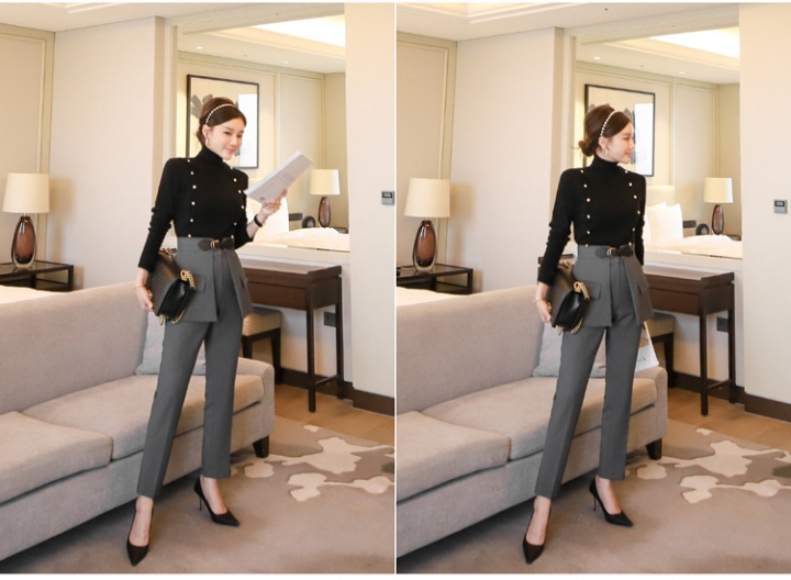 Fashion high collar suit pants knitted tops 2pcs set