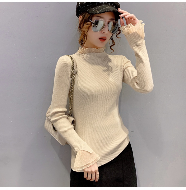 Slim knitted lace tops polka dot long sleeve sweater for women