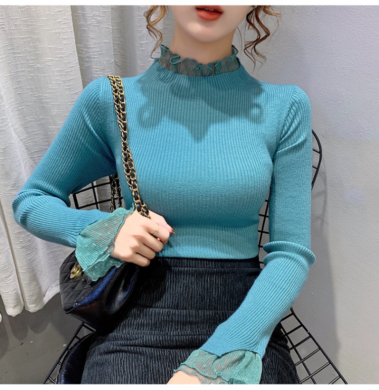 Slim knitted lace tops polka dot long sleeve sweater for women