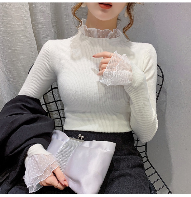 Slim knitted lace tops polka dot long sleeve sweater for women