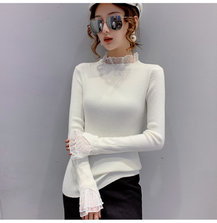 Slim knitted lace tops polka dot long sleeve sweater for women