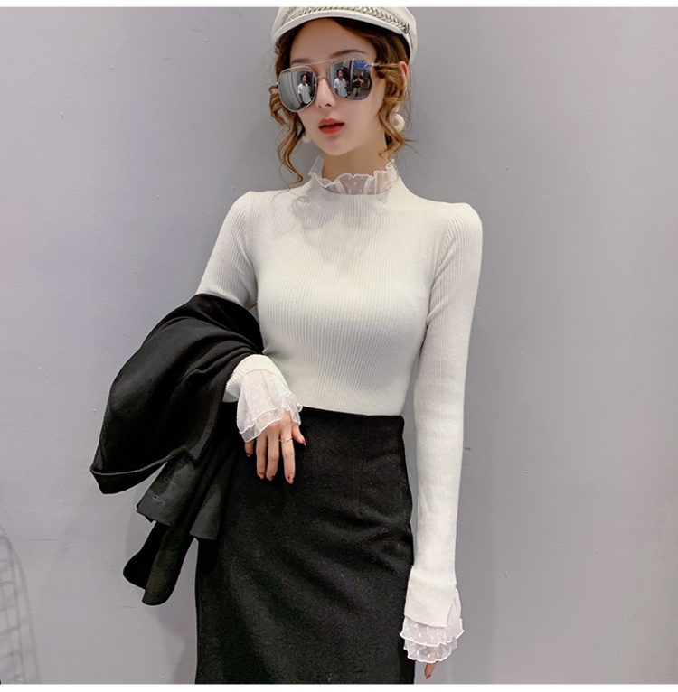 Slim knitted lace tops polka dot long sleeve sweater for women