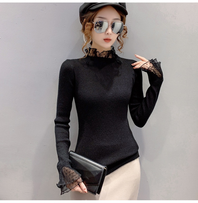 Slim knitted lace tops polka dot long sleeve sweater for women