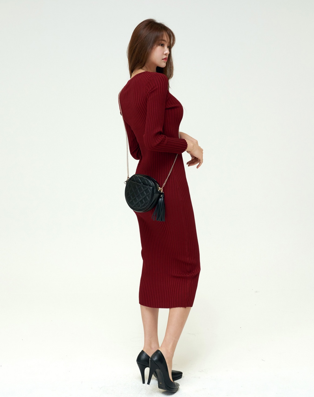 Long V-neck overcoat knitted dress for women