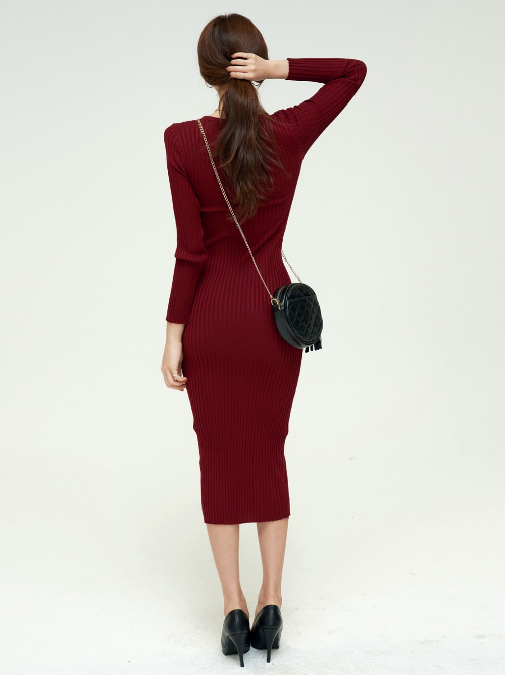 Long V-neck overcoat knitted dress for women