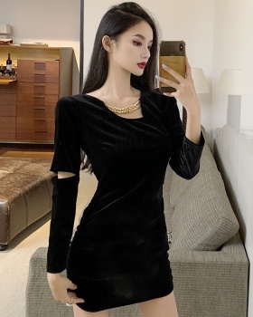 Package hip temperament round neck long sleeve chain dress