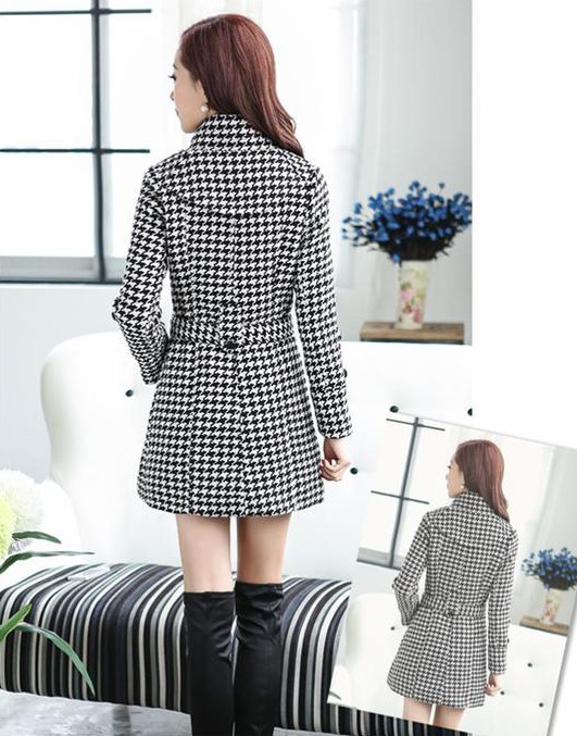 Houndstooth long windbreaker double-breasted coat
