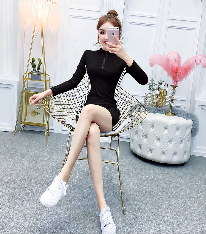 Slim Korean style long sleeve round neck zip dress