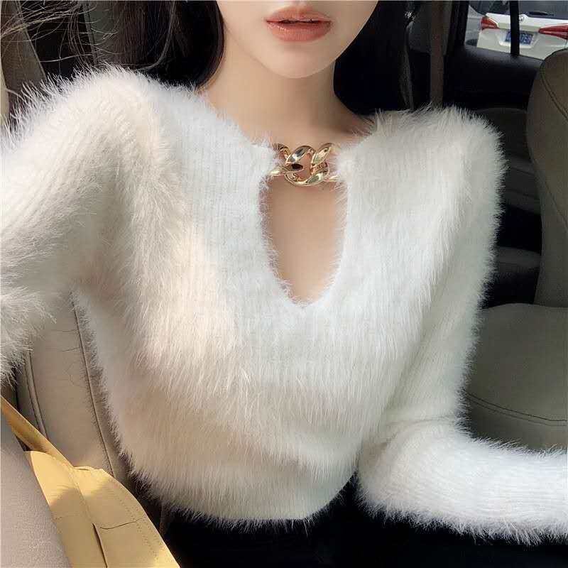 White autumn and winter tops long sleeve sweater